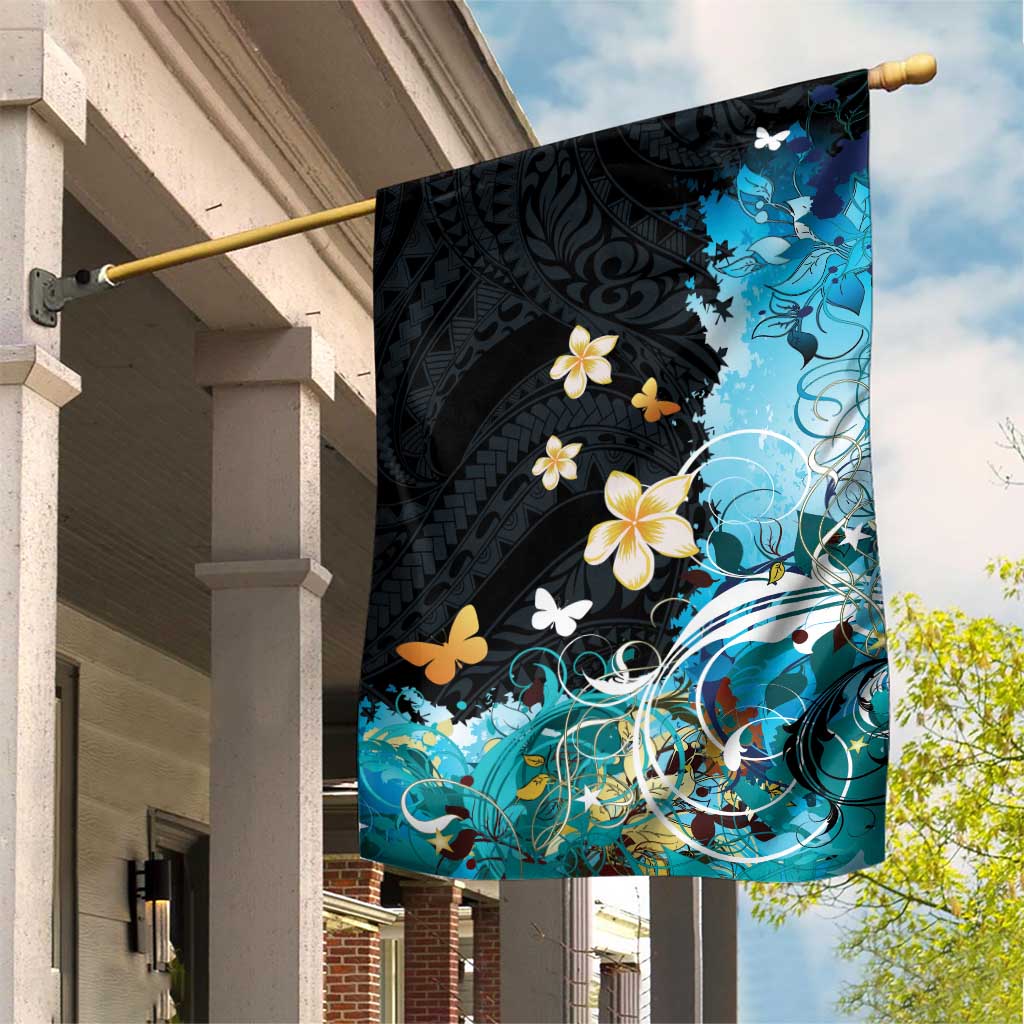Blue Grunge Polynesian Pattern Garden Flag Plumeria Floral