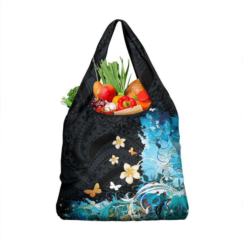 Blue Grunge Polynesian Pattern Grocery Bag Plumeria Floral