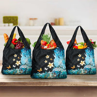 Blue Grunge Polynesian Pattern Grocery Bag Plumeria Floral