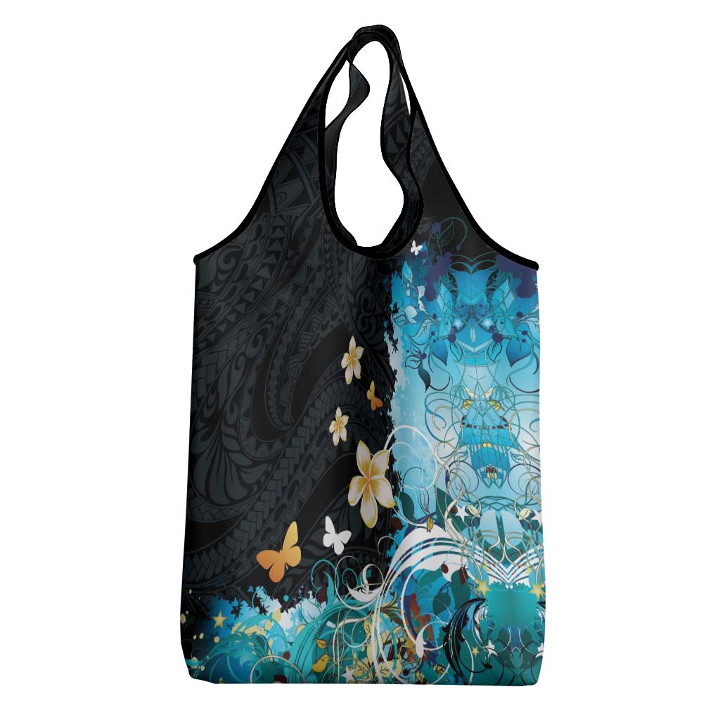 Blue Grunge Polynesian Pattern Grocery Bag Plumeria Floral