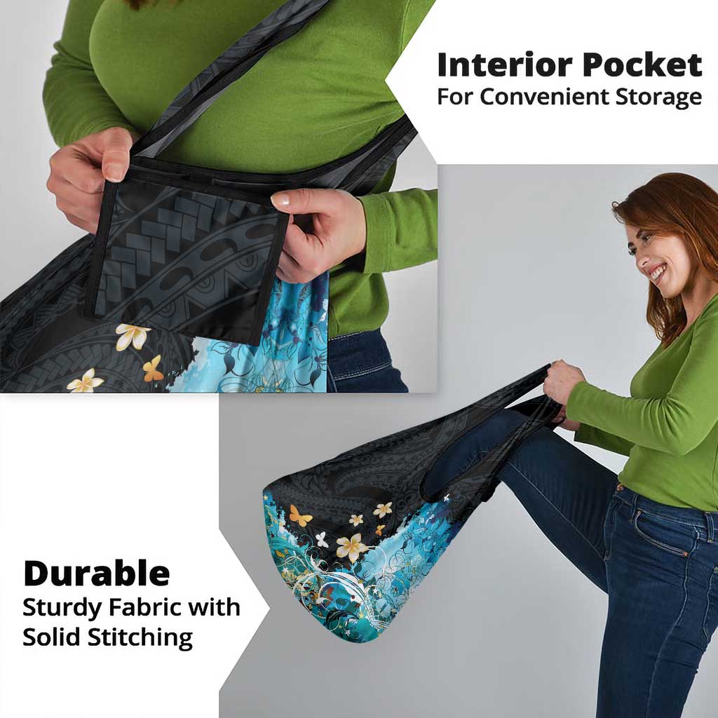 Blue Grunge Polynesian Pattern Grocery Bag Plumeria Floral