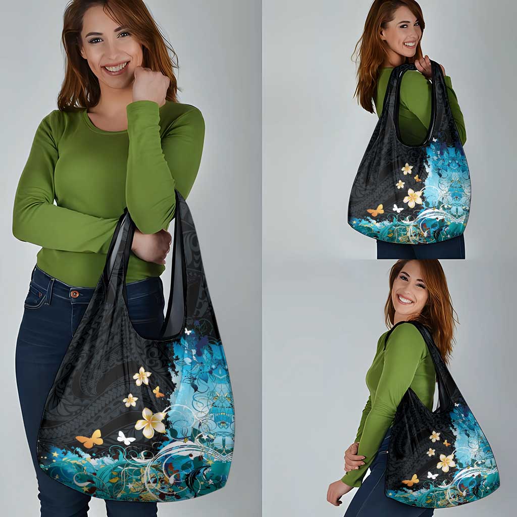 Blue Grunge Polynesian Pattern Grocery Bag Plumeria Floral
