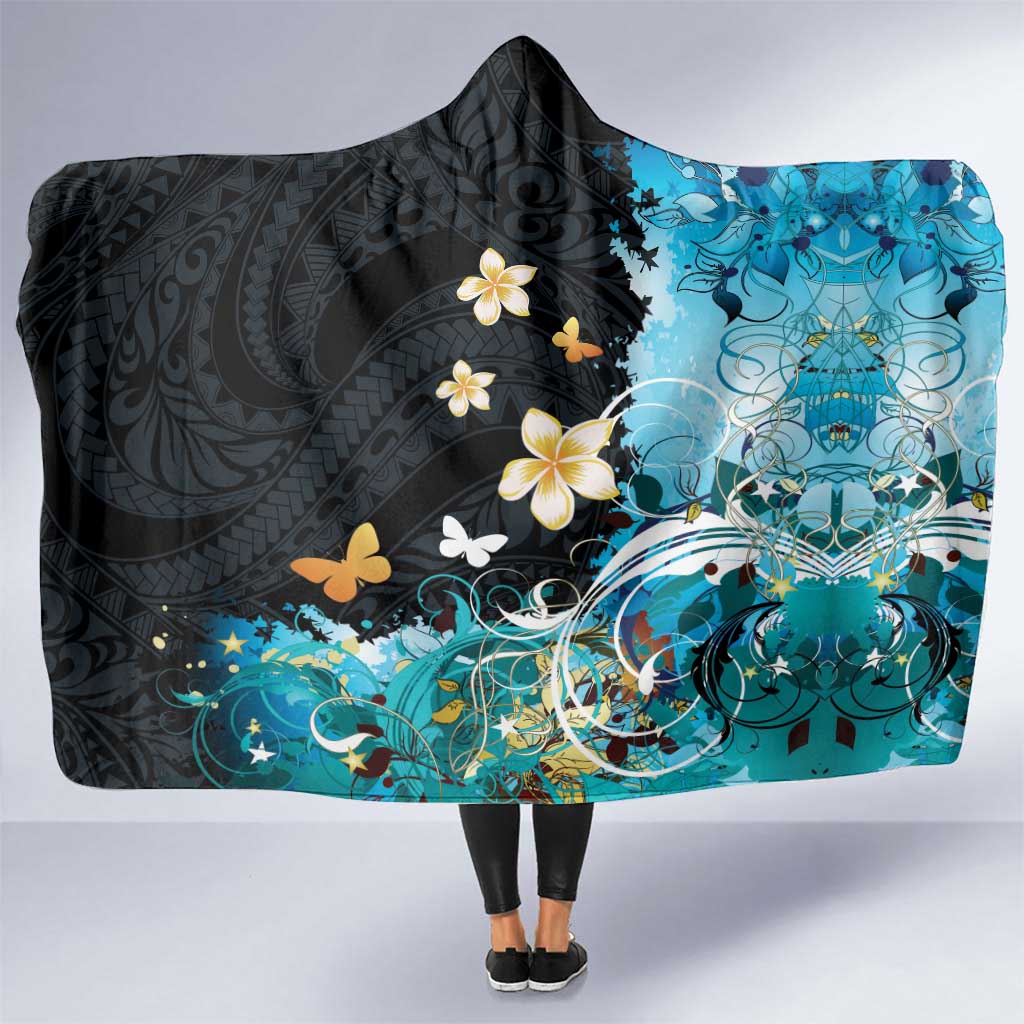Blue Grunge Polynesian Pattern Hooded Blanket Plumeria Floral