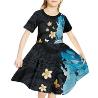 Blue Grunge Polynesian Pattern Kid Short Sleeve Dress Plumeria Floral