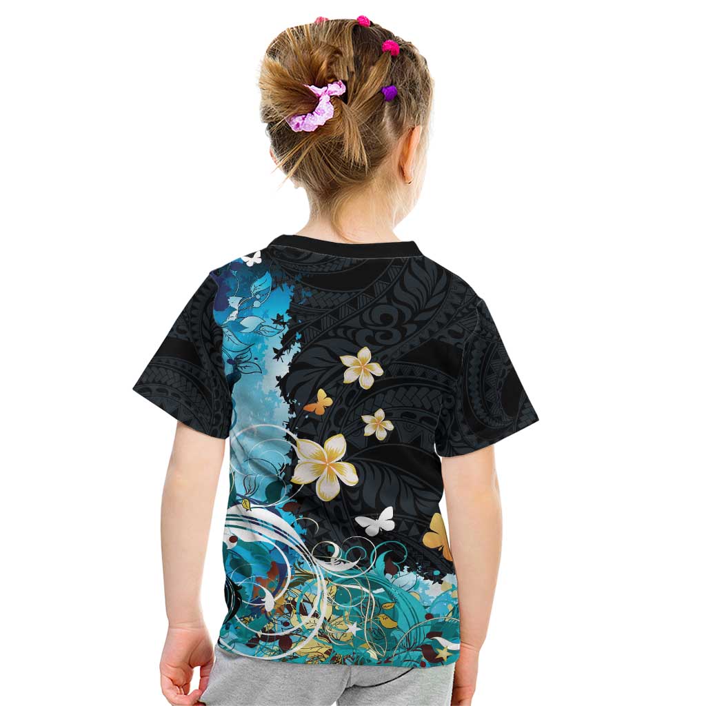 Blue Grunge Polynesian Pattern Kid T Shirt Plumeria Floral