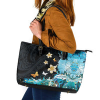 Blue Grunge Polynesian Pattern Leather Tote Bag Plumeria Floral