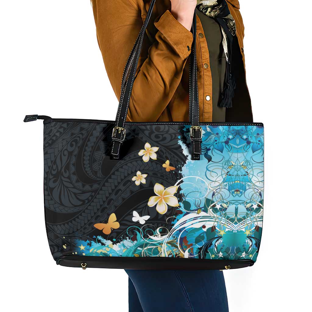Blue Grunge Polynesian Pattern Leather Tote Bag Plumeria Floral