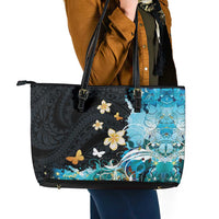 Blue Grunge Polynesian Pattern Leather Tote Bag Plumeria Floral