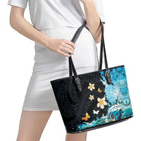 Blue Grunge Polynesian Pattern Leather Tote Bag Plumeria Floral