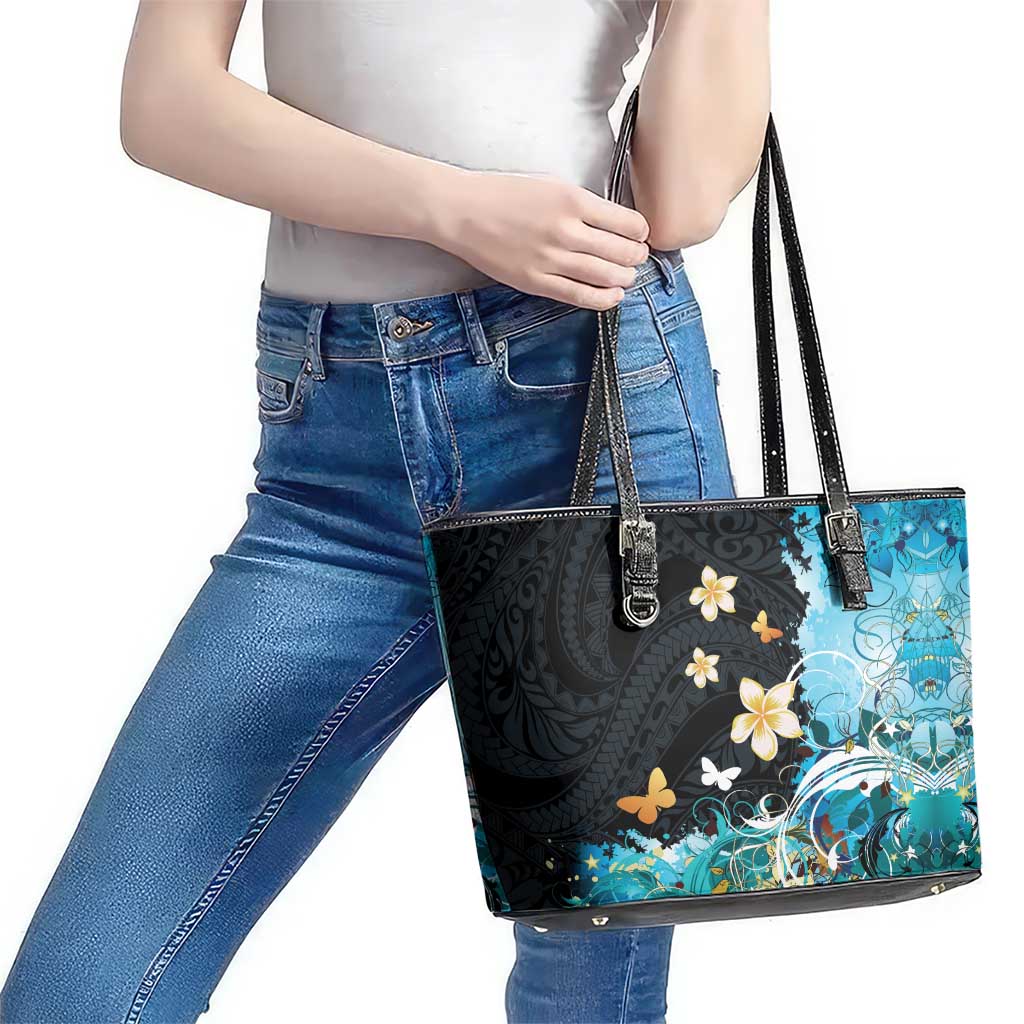 Blue Grunge Polynesian Pattern Leather Tote Bag Plumeria Floral