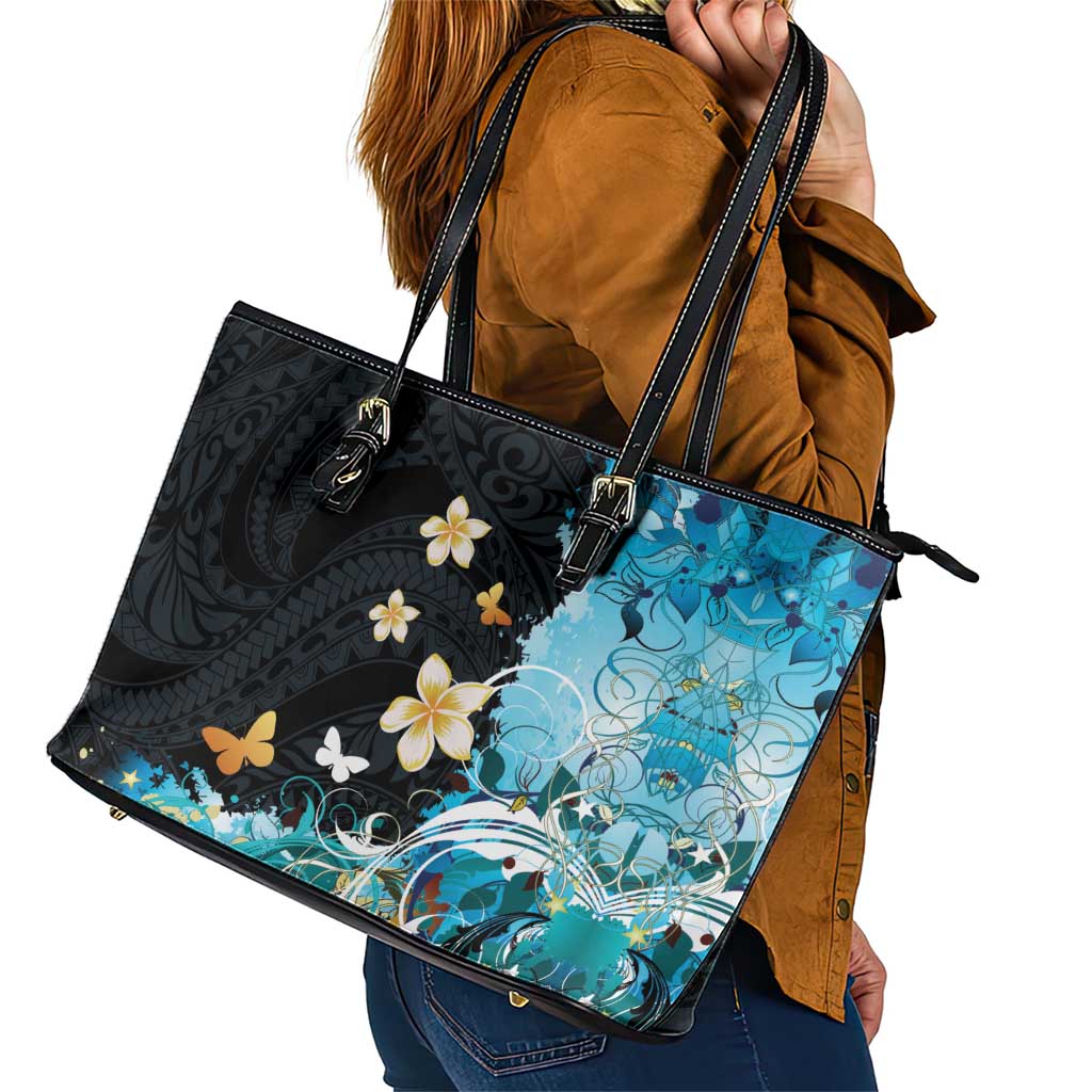 Blue Grunge Polynesian Pattern Leather Tote Bag Plumeria Floral