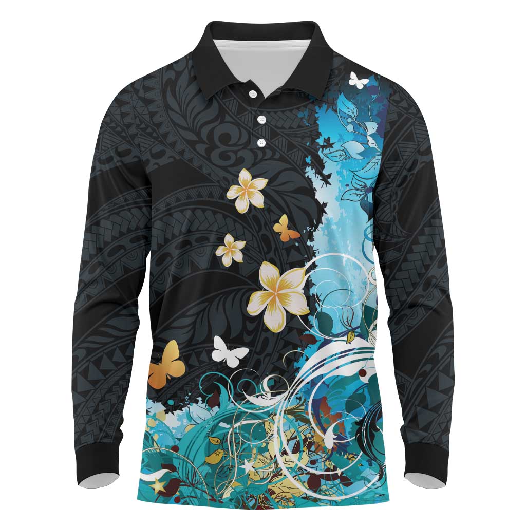 Blue Grunge Polynesian Pattern Long Sleeve Polo Shirt Plumeria Floral