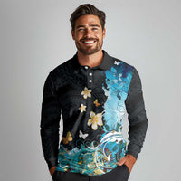 Blue Grunge Polynesian Pattern Long Sleeve Polo Shirt Plumeria Floral