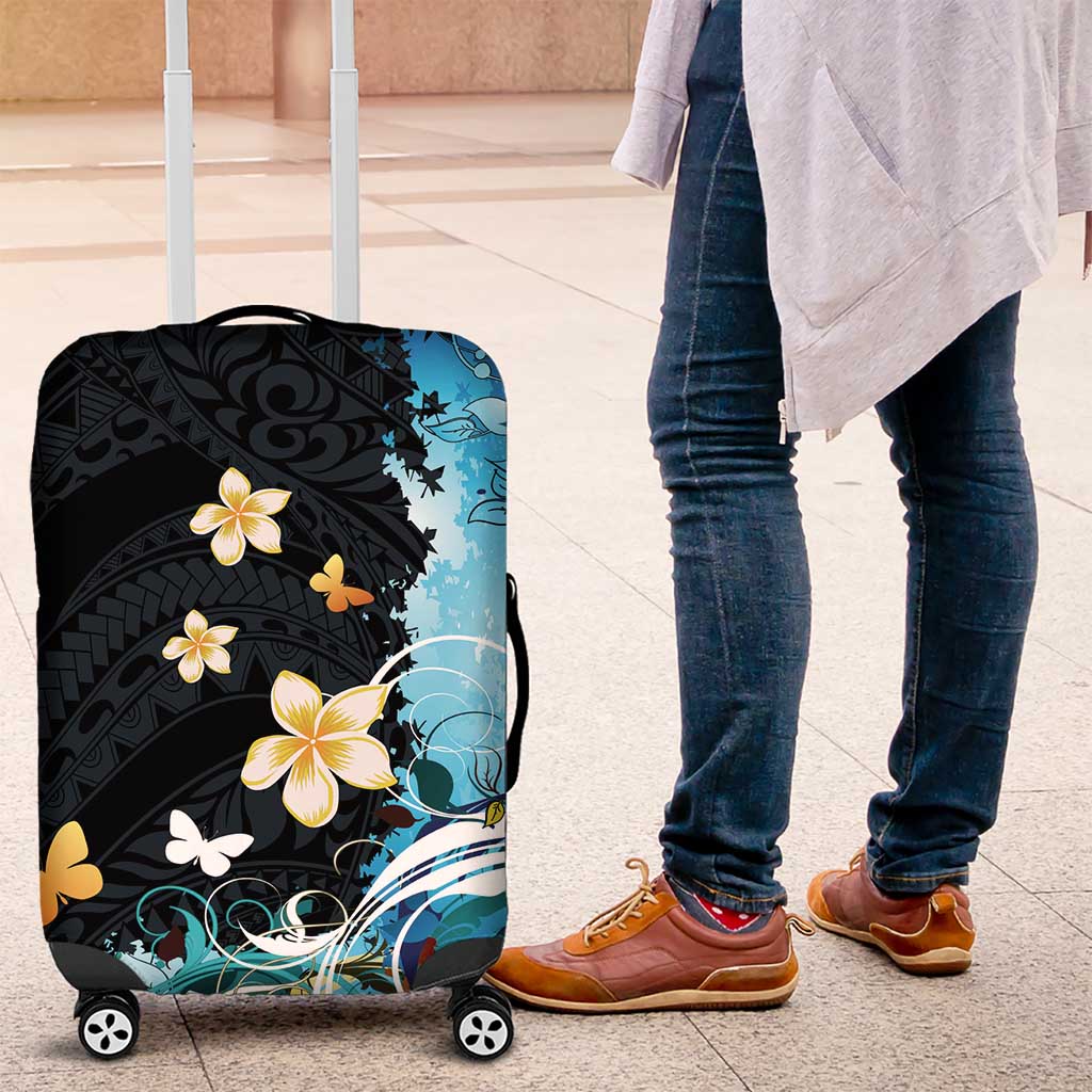 Blue Grunge Polynesian Pattern Luggage Cover Plumeria Floral LT01 Blue - Polynesian Pride