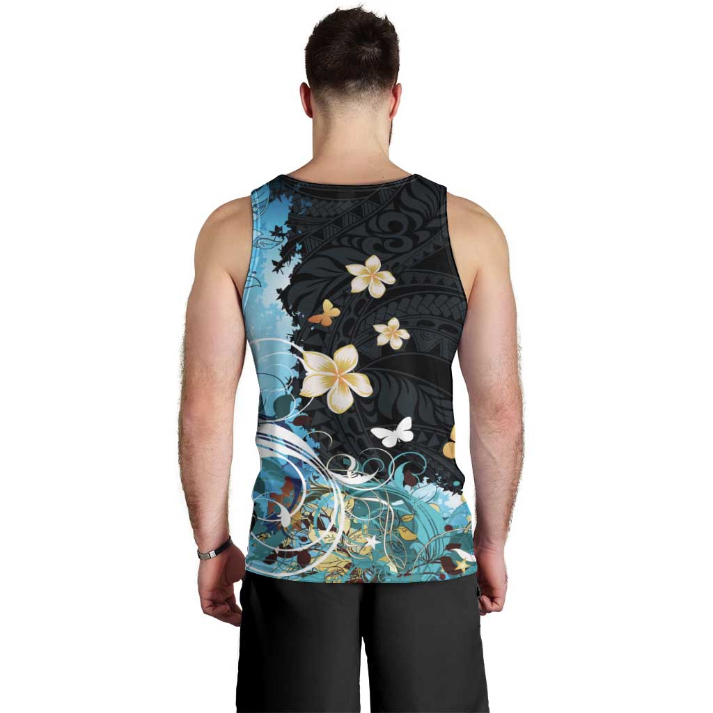 Blue Grunge Polynesian Pattern Men Tank Top Plumeria Floral
