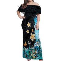 Blue Grunge Polynesian Pattern Off Shoulder Maxi Dress Plumeria Floral