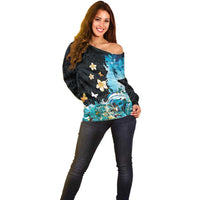 Blue Grunge Polynesian Pattern Off Shoulder Sweater Plumeria Floral