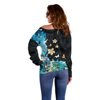 Blue Grunge Polynesian Pattern Off Shoulder Sweater Plumeria Floral