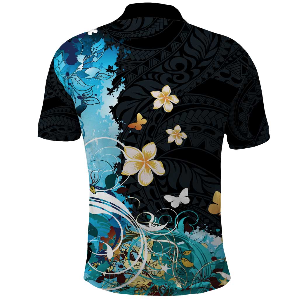 Blue Grunge Polynesian Pattern Polo Shirt Plumeria Floral