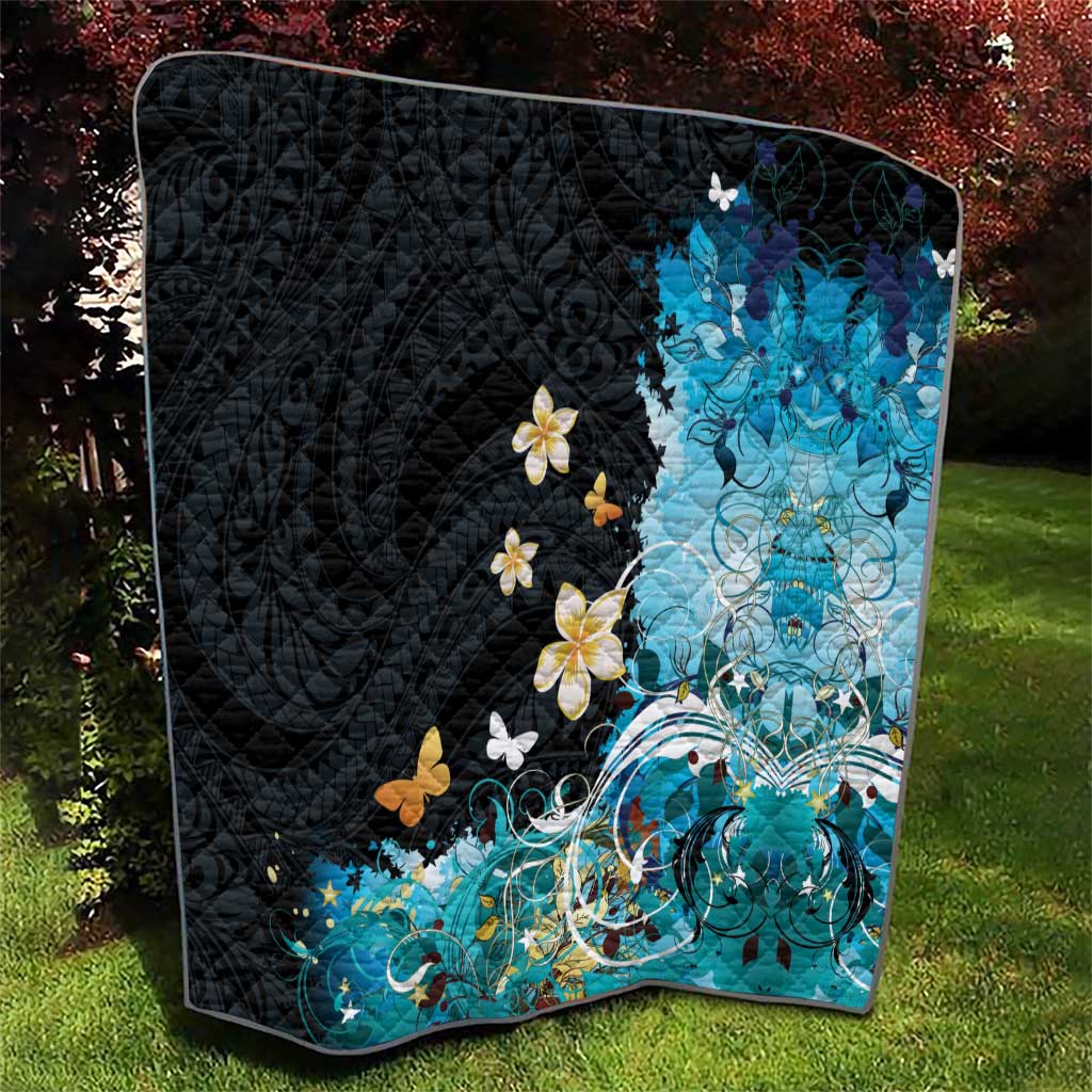 Blue Grunge Polynesian Pattern Quilt Plumeria Floral