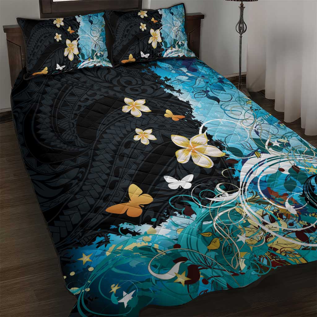 Blue Grunge Polynesian Pattern Quilt Bed Set Plumeria Floral LT01 Blue - Polynesian Pride