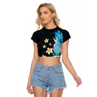 Blue Grunge Polynesian Pattern Raglan Cropped T Shirt Plumeria Floral