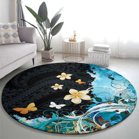 Blue Grunge Polynesian Pattern Round Carpet Plumeria Floral