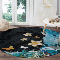 Blue Grunge Polynesian Pattern Round Carpet Plumeria Floral