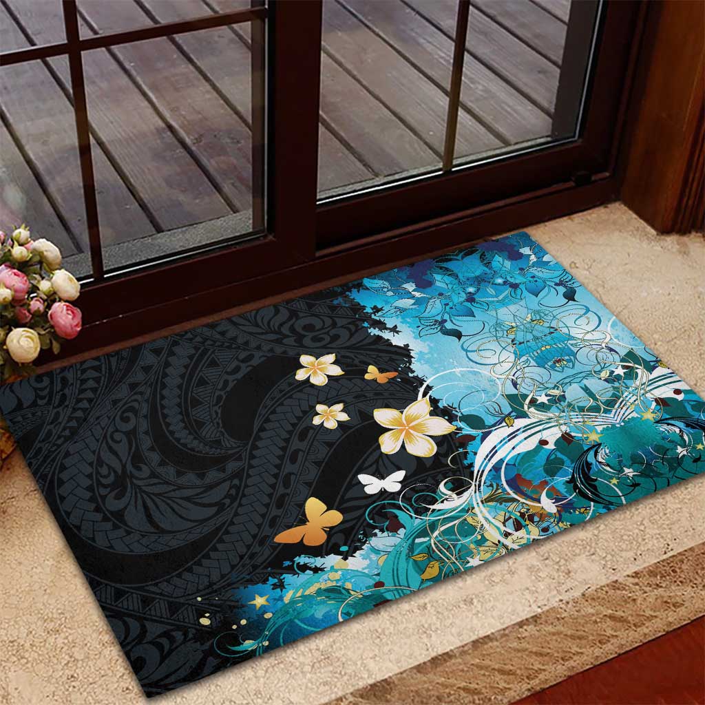 Blue Grunge Polynesian Pattern Rubber Doormat Plumeria Floral LT01 - Polynesian Pride
