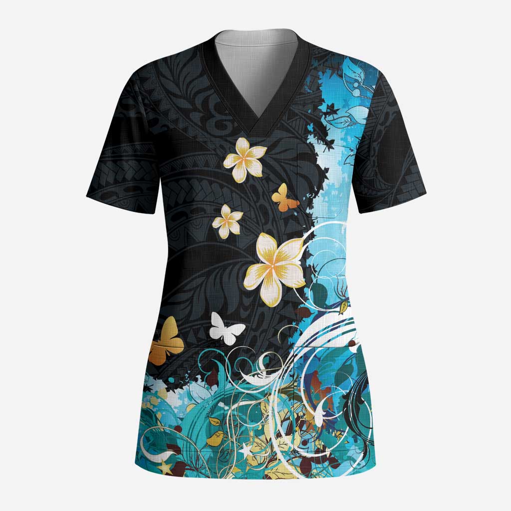 Blue Grunge Polynesian Pattern Scrub Top Plumeria Floral LT01 Adult Blue - Polynesian Pride