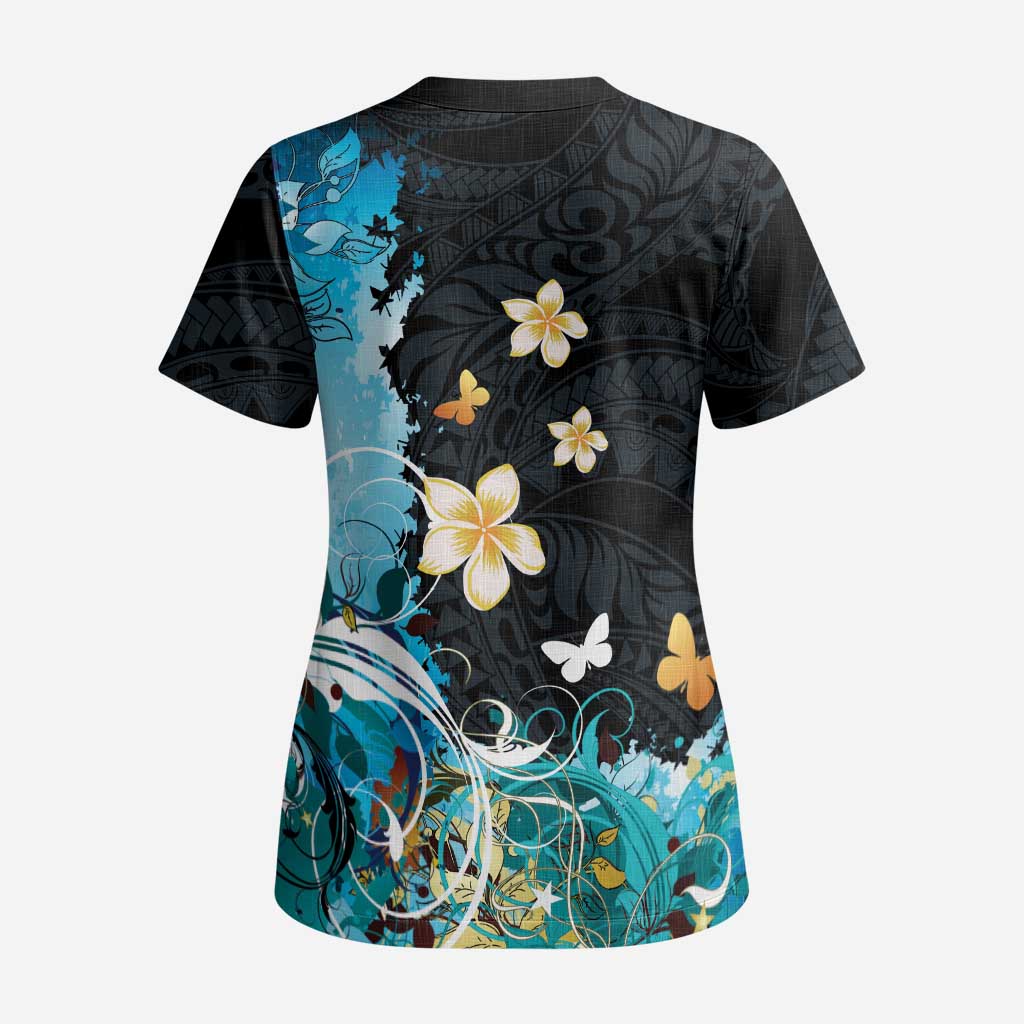 Blue Grunge Polynesian Pattern Scrub Top Plumeria Floral - Polynesian Pride