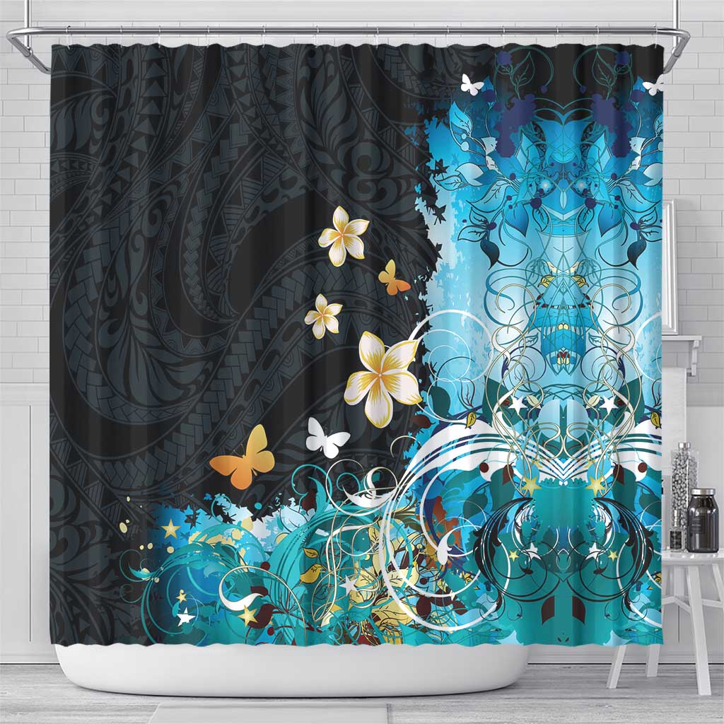 Blue Grunge Polynesian Pattern Shower Curtain Plumeria Floral