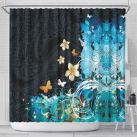 Blue Grunge Polynesian Pattern Shower Curtain Plumeria Floral