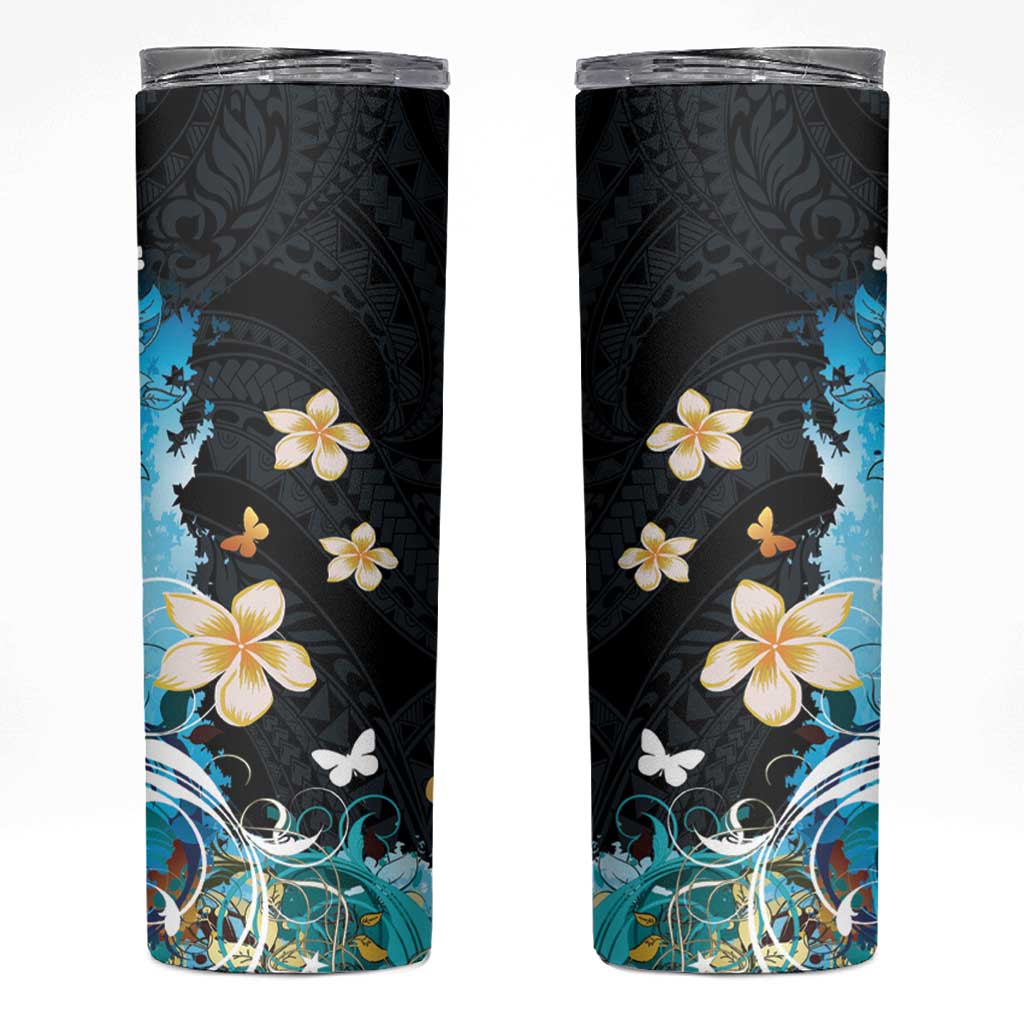 Blue Grunge Polynesian Pattern Skinny Tumbler Plumeria Floral