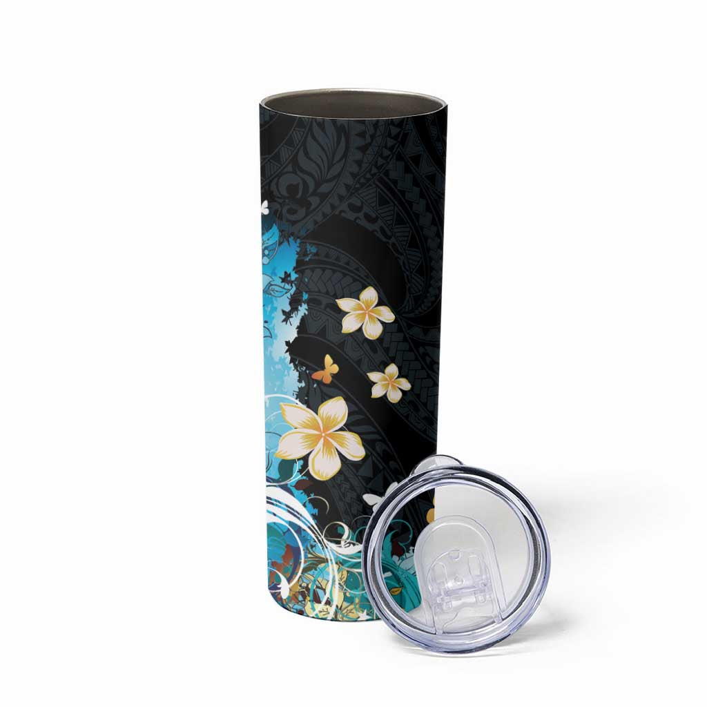 Blue Grunge Polynesian Pattern Skinny Tumbler Plumeria Floral LT01 - Polynesian Pride