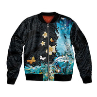 Blue Grunge Polynesian Pattern Sleeve Zip Bomber Jacket Plumeria Floral LT01 Unisex Blue - Polynesian Pride