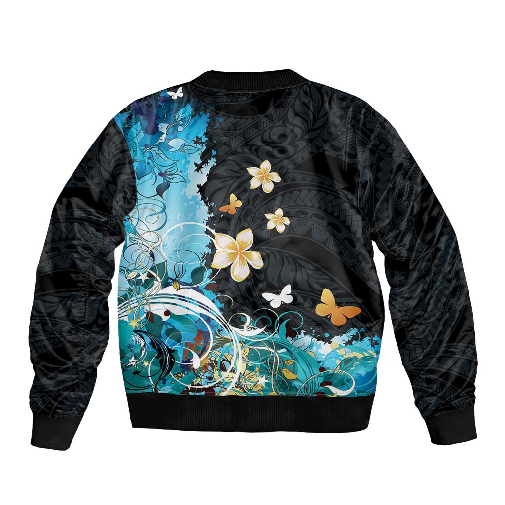 Blue Grunge Polynesian Pattern Sleeve Zip Bomber Jacket Plumeria Floral LT01 - Polynesian Pride