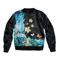 Blue Grunge Polynesian Pattern Sleeve Zip Bomber Jacket Plumeria Floral LT01 - Polynesian Pride
