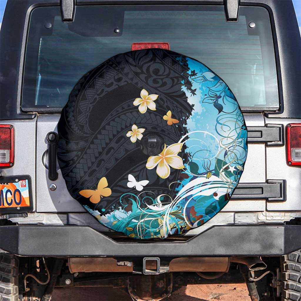 Blue Grunge Polynesian Pattern Spare Tire Cover Plumeria Floral