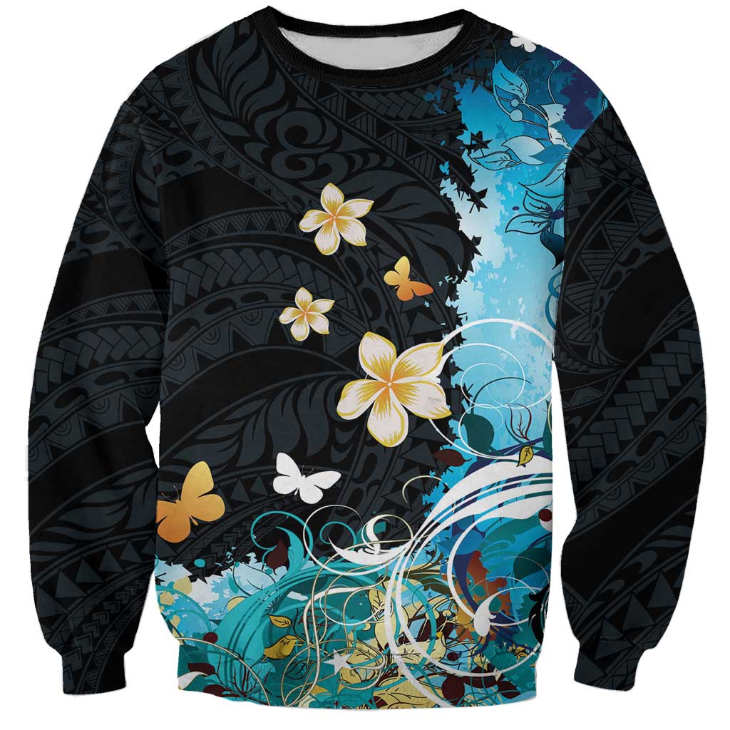 Blue Grunge Polynesian Pattern Sweatshirt Plumeria Floral