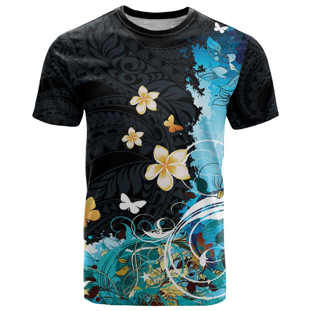 Blue Grunge Polynesian Pattern T Shirt Plumeria Floral