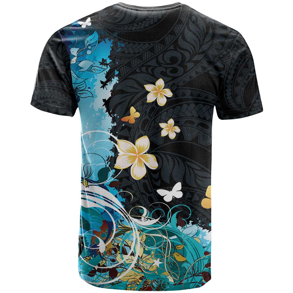 Blue Grunge Polynesian Pattern T Shirt Plumeria Floral
