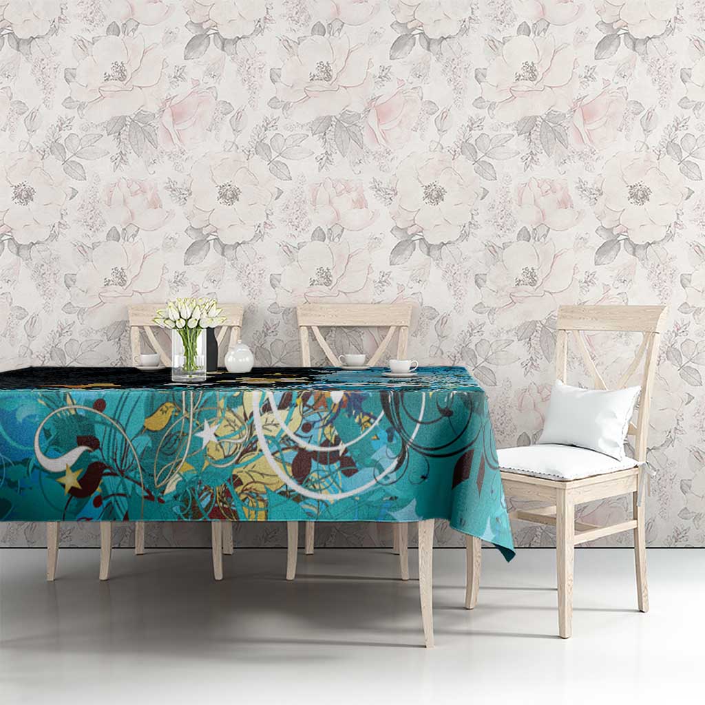 Blue Grunge Polynesian Pattern Tablecloth Plumeria Floral