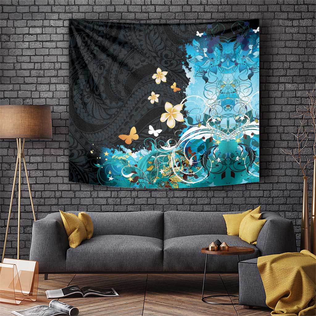 Blue Grunge Polynesian Pattern Tapestry Plumeria Floral