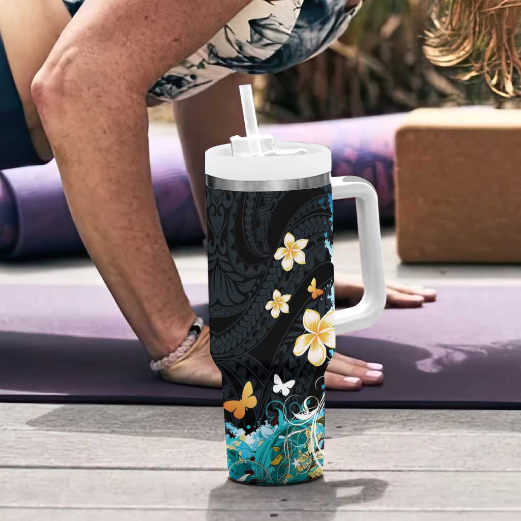 Blue Grunge Polynesian Pattern Tumbler With Handle Plumeria Floral