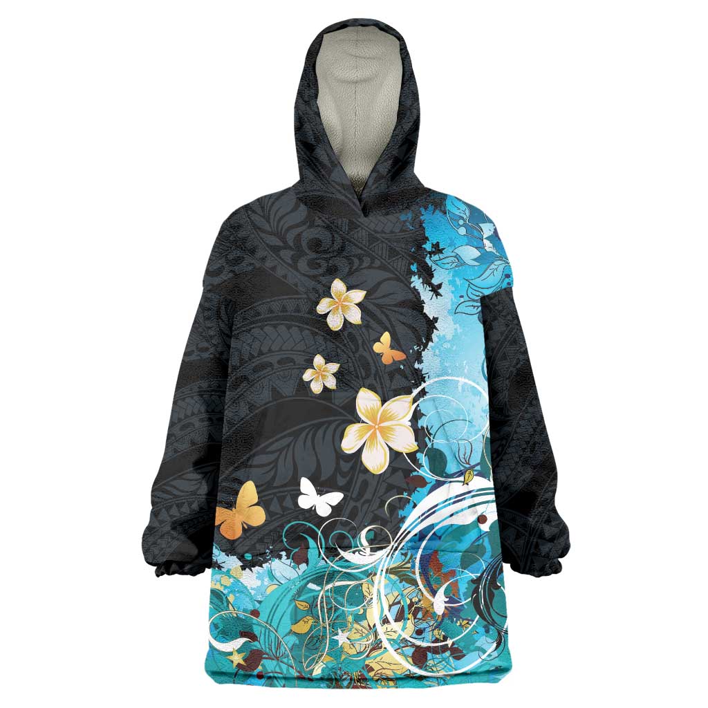 Blue Grunge Polynesian Pattern Wearable Blanket Hoodie Plumeria Floral LT01 One Size Blue - Polynesian Pride