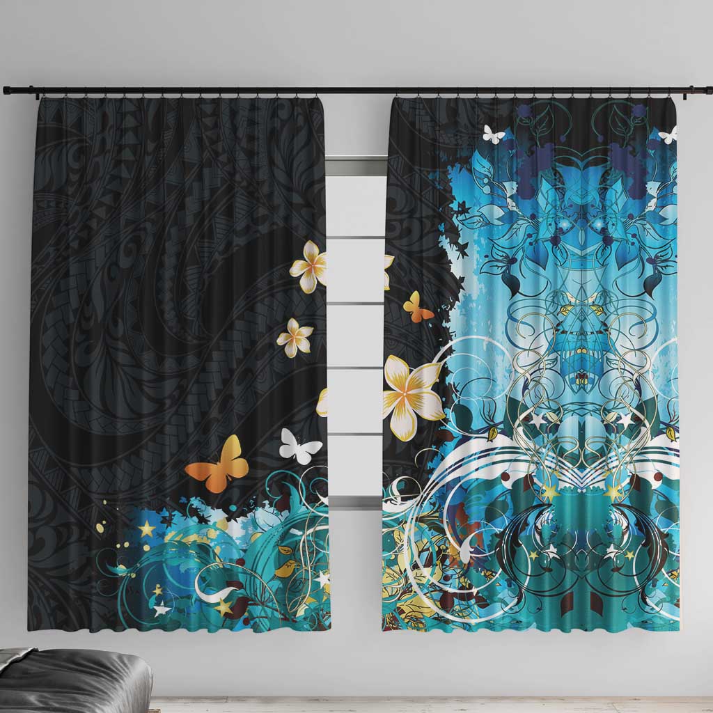 Blue Grunge Polynesian Pattern Window Curtain Plumeria Floral LT01 With Hooks Blue - Polynesian Pride