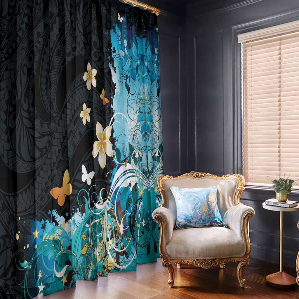 Blue Grunge Polynesian Pattern Window Curtain Plumeria Floral