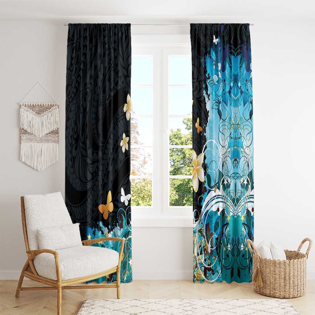 Blue Grunge Polynesian Pattern Window Curtain Plumeria Floral
