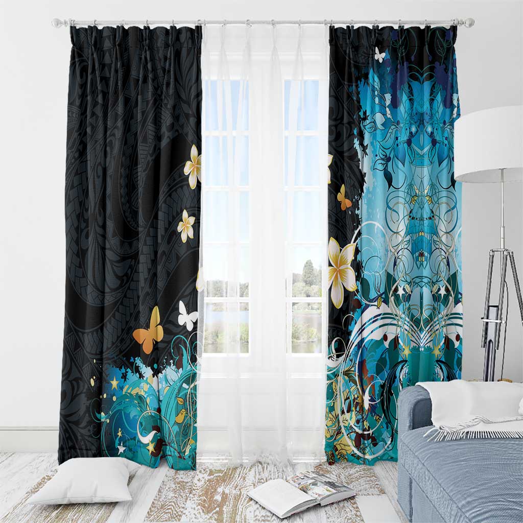 Blue Grunge Polynesian Pattern Window Curtain Plumeria Floral